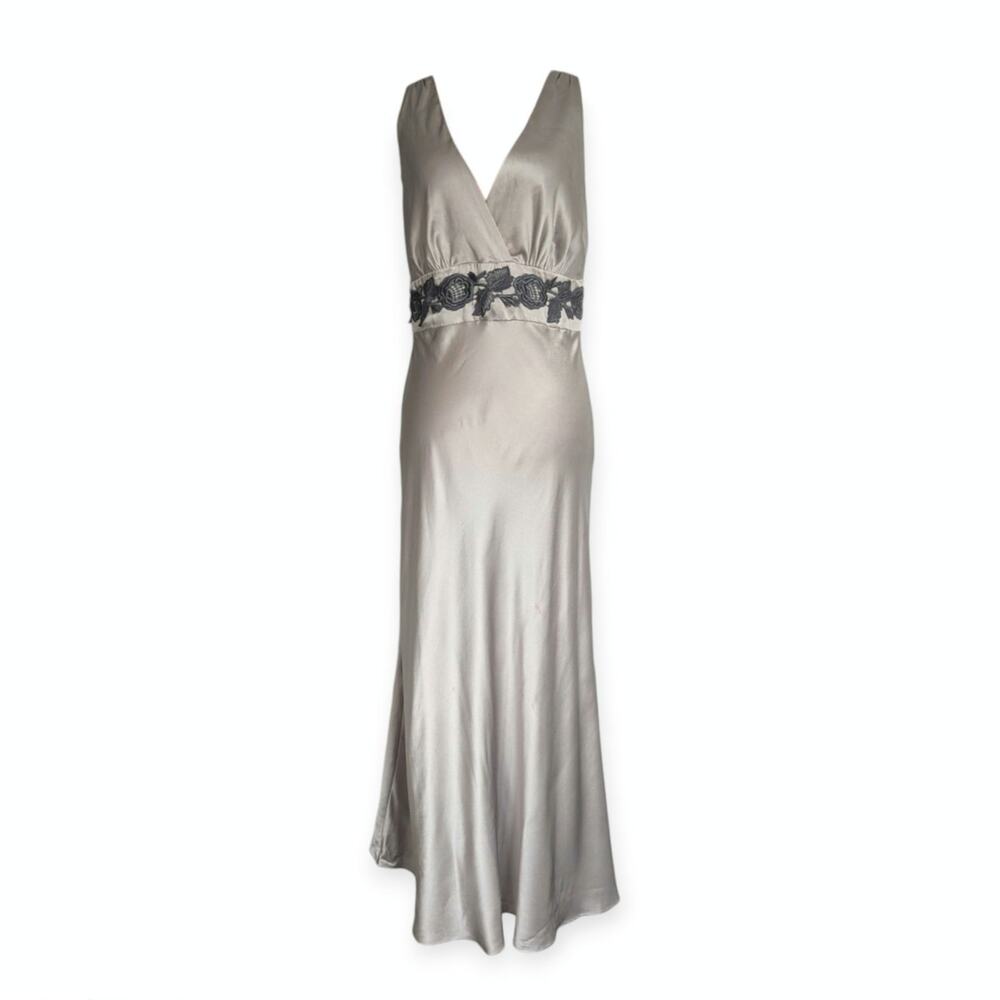 90s Gray Silk Gown with Charcoal Rose Lace Trim Sz 8